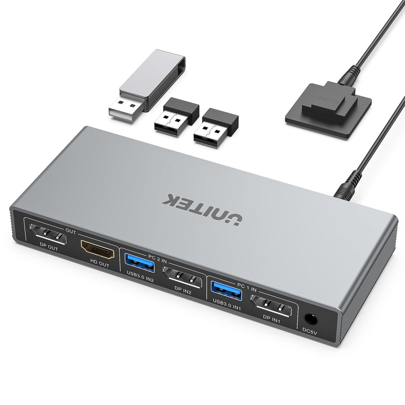 Unitek KVM Switch 2 Monitors 2 Computers DisplayPort Dual Monitor 4K 60Hz | DP KVM Switcher 2PC 4 USB 3.0 Ports for Keyboard Mouse Hard Drives Printer Home Office Gaming Gray Aluminum(NOT SUPPORT HDMI) Grey