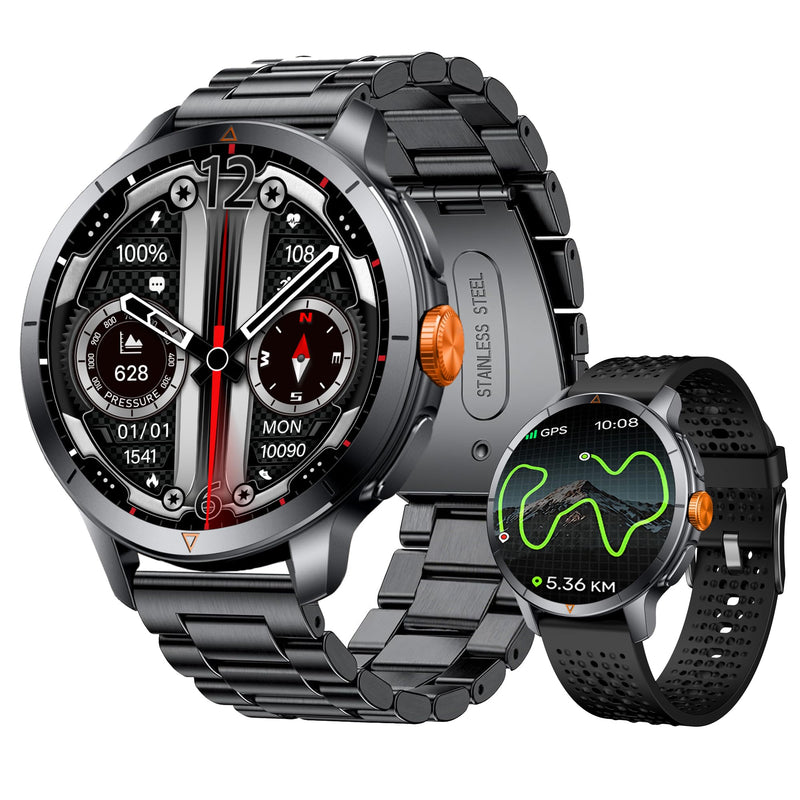 Rugged Smart Watch, 1.6" AMOLED GPS, 5ATM Waterproof - Black | 1.6" AMOLED rugged GPS watch, 5ATM waterproof, SOS button, altimeter, barometer, compass, 450mAh, 2 bands
