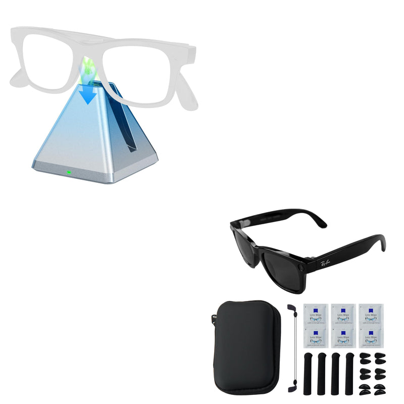 Smart Glasses Charging Dock & Accessories Kit for Ray-Ban/Oakley Meta – Includes Charging Stand with LED Indicator + Storage Case, Nose Pads, Lanyard, Cleaning Papers & Holders – Compatible with Wayfa
