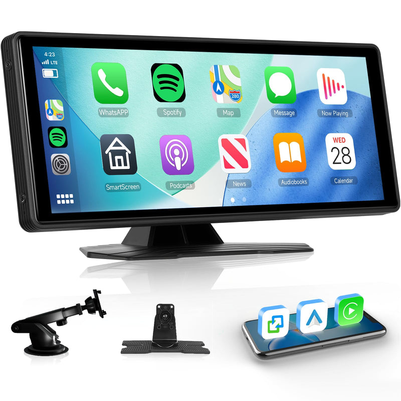 10.26” Wireless CarPlay Screen Portable Car Stereo, Upriding Wireless Android Auto Mirror Link, 1600x600 IPS Touchscreen, Voice Control, Navigation, Bluetooth, Plug n Play