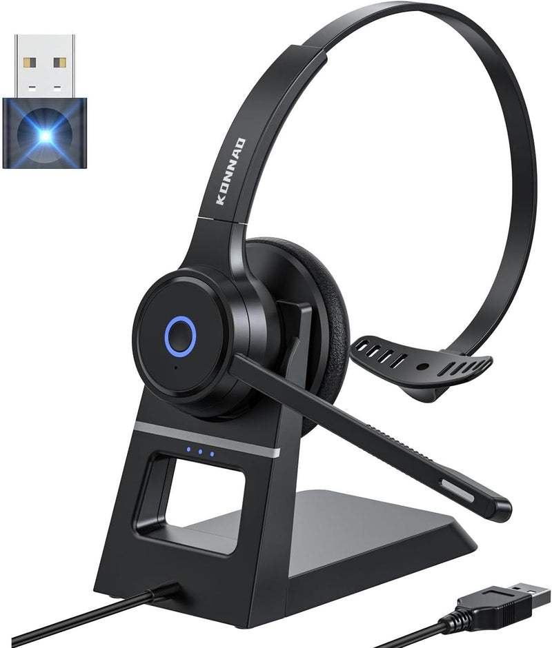 Bluetooth Headset with AI Noise Cancelling Microphone, V5.3 Wireless Headphones with USB Dongle, Charging Station, Microphone Mute Switch, Wireless Headsets for Work Black