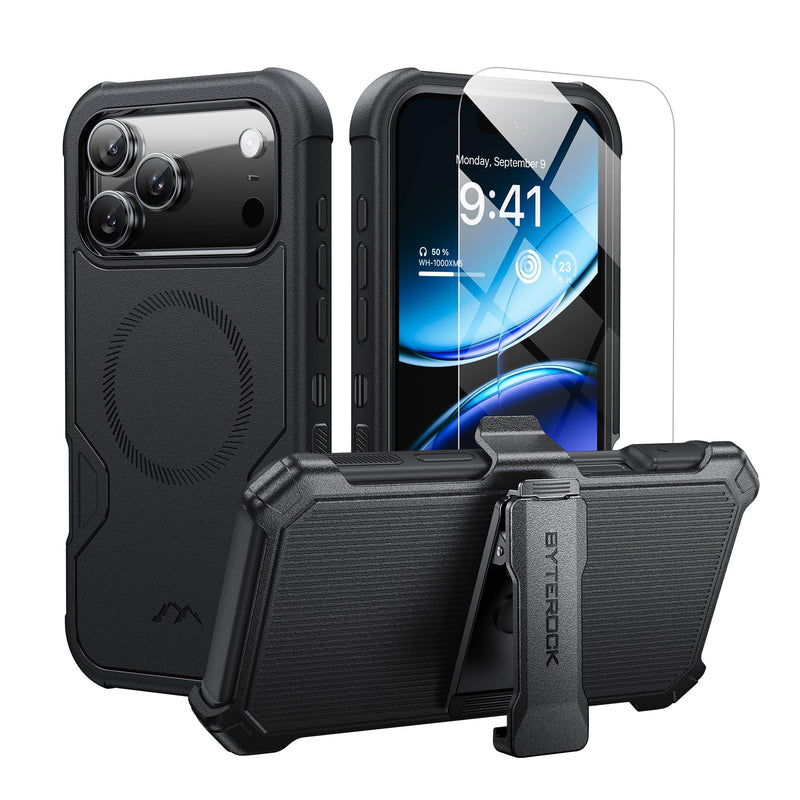 for iPhone 17 Pro Max Case 6.9" with Belt Clip Holster,Black | Compatible with MagSafe,Anti-Drop,Shockproof,Heavy Duty Protection, ,w/Screen Protector,with 360°Rotating Kickstand Black