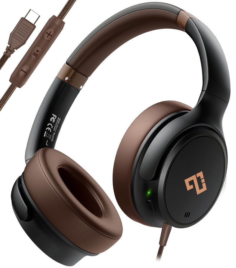 [AUSTRALIA] - USB C Headphones Wired Headphones Over Ear with HD Mic, Foldable Active Noise-Canceling Headphone for iPad/Sports/School/Travel/iPhone 17/16/15, Samsung S25/S24, Google Pixel 9,Ideal Gifts-Brown Brown 