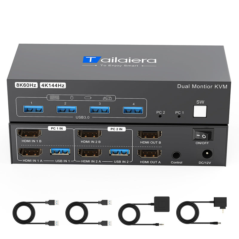 HDMI KVM Switch 2 Monitors 2 Computers, 8K@60Hz Dual Monitor KVM Switch | 4K@144Hz for 2 Computers 2 Monitors, Keyboard, Mouse, Hard Drives, with 2 USB3.0 Cables,Desktop Controller Plug and Play 13.92 cm 8K HDMI 2 PC 2 Monitor