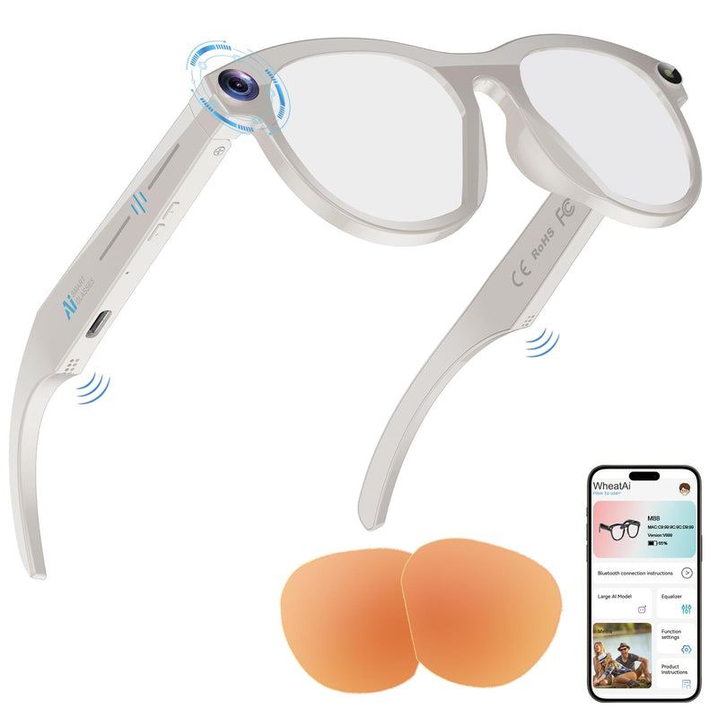 Smart Glasses with Camera AI (White, 2MP Pixel)