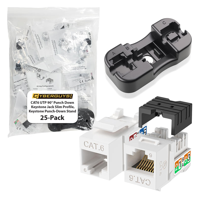 Cyberguys! 90° Cat6 Keystone Jacks, 10Gbps RJ45 Connectors Cat 6, 25-Pack | Keystone Jack Adapter Slim Profile 90° Angled Speed Termination Tool for Patch Panels & Wall Plates