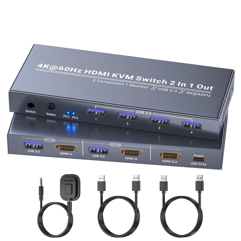 2 Port HDMI KVM Switch 1 Monitor 2 Computers, Control 2 PCs with 1 Set of Keyboard Mouse and 1 Monitor, 4K60Hz Support and USB 3.0 4K HDMI 1 Monitor 2 Computers