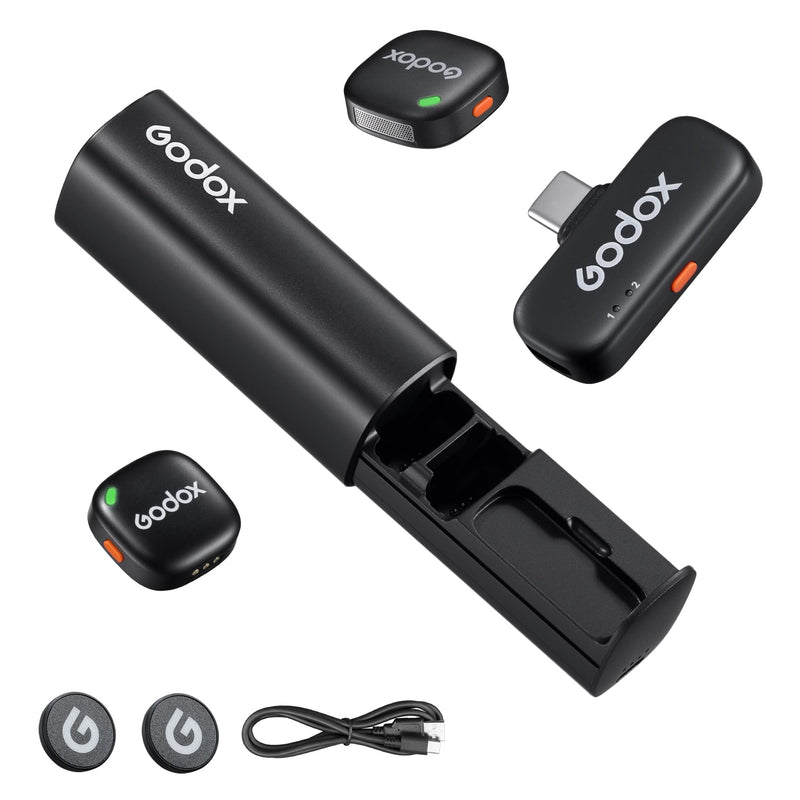 GODOX C01 KIT2 Wireless Microphone, 48kHz/24-bit Professional Lavalier Mic 60W Fast Charging Mini Microphones 7g Ultralight,54H,Noise Reduction,200M Low Latency (2TX+1RX+USB-C+Charging Case)