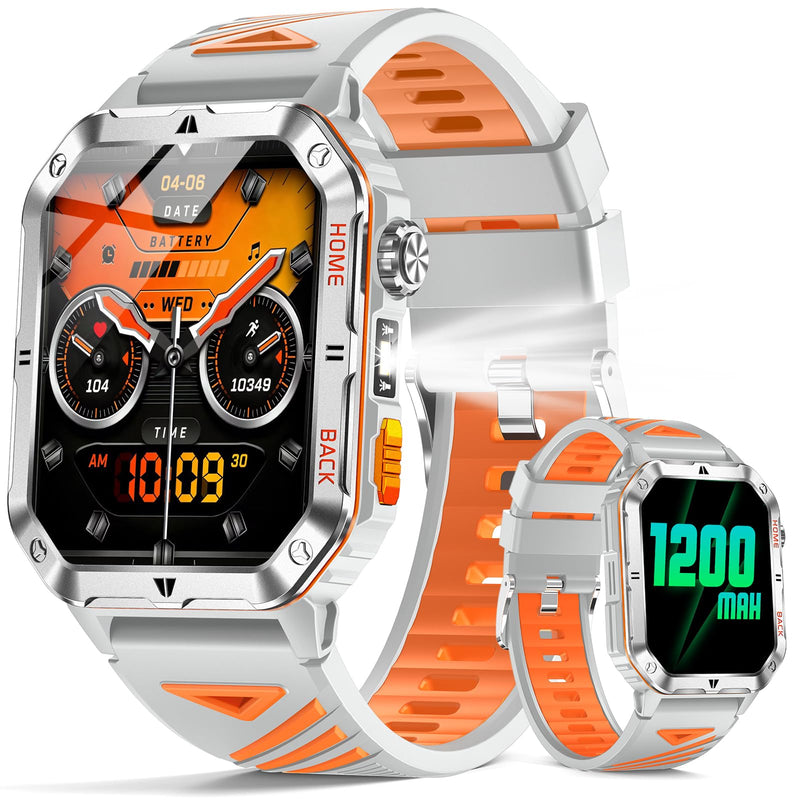 Military Smart Watch for Men, 2.01'' Fitness Tracker with 1200mAh Long Battery Life, Bluetooth Calls, Flashlight, IP68 Waterproof, Heart Rate/Sleep Tracking, 100+ Sports Modes for Android iPhone