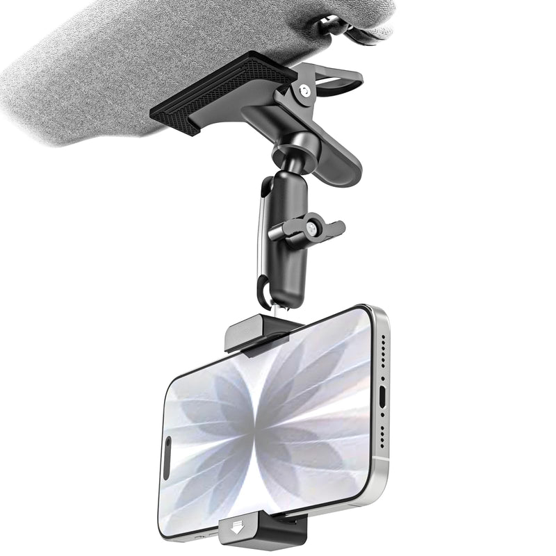 Charchendo Car Sun Visor Short Metal Arm Phone/GoPro Mount 4-7" | Bounce-Free View, Short Metal Arm, Multi Angle Adjustment, 1/4" Screw For GoPro, Fits iPhone 17 Pro Max, 4-7" Phones