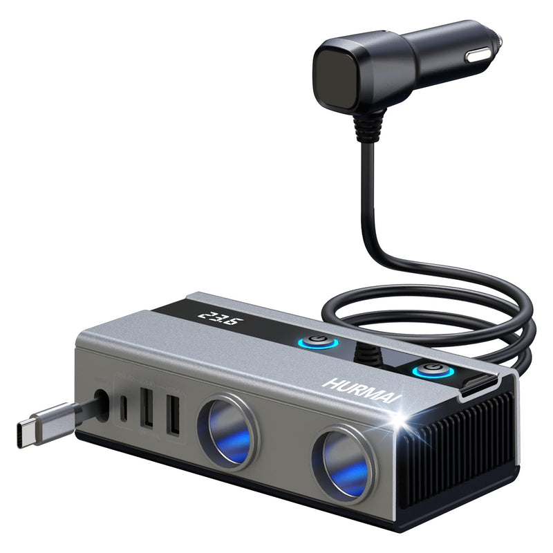 Dual Socket Cigarette Lighter Splitter Adapter with Retractable Phone Charger, 120W Heavy Duty Truck Car USB Chager Multi Port with PD/QC Charge USB C 12V/24V Independent Switches for Car Devices