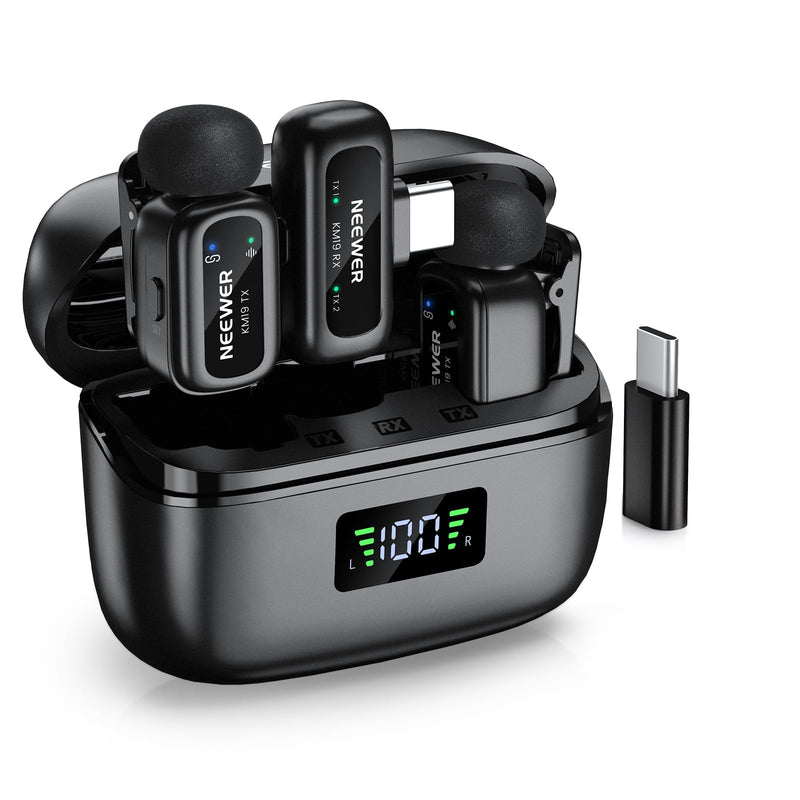 [AUSTRALIA] - NEEWER KM19 Lightweight Wireless Lapel Microphone, 48kHz/24bit 30H Battery 3-Level Noise Cancelling Mute Stereo 100m Range Mini Lav Mic with App Control, Compatible with iPhone Android Phone PC 