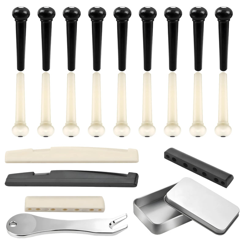 18PCS Acoustic Guitar Bridge Pins with 2 PCS Guitar Bridge Saddle Nut and 1PCS Bridge Pin Puller Remover, Guitar Parts Accessories Replacement Tools (Ivory & Black) 18pcs