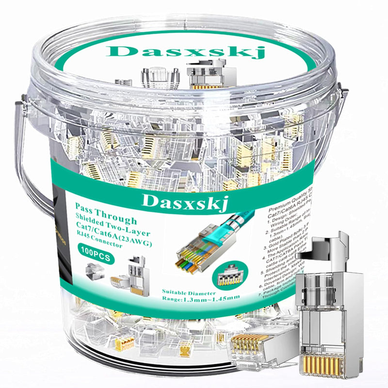 100-Pack Cat7 Cat6A Pass Through Shielded RJ45 Connectors | Modular Network RJ45 Plugs Ends for Cat7 Cat6A, 100PCS Strain Relief