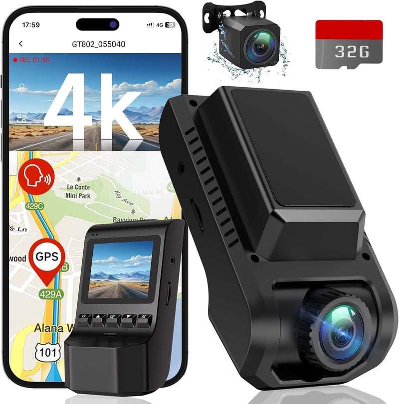 [AUSTRALIA] - Dash Cam Front and Rear, 4K Ultra HD+1080P Dash Camera for Cars, Built-in Wi-Fi GPS, Included 32GB Card, 2.0'' IPS Screen Mini Car Camera, App, Night Vision, 170°Wide Angle, 24H Parking Mode Black 