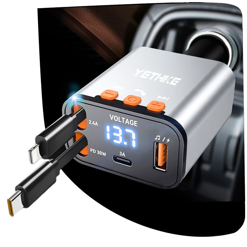 [AUSTRALIA] - Bluetooth Car Adapter with Retractable Charger,[Upgrade] Bluetooth 5.4 FM Transmitter for Cars, 4 in 1 Fast Car Charger 69W, Handsfree Call, 2*Retractable Cable for iPhone 17/16/15/14, Galaxy-Silver Silver 