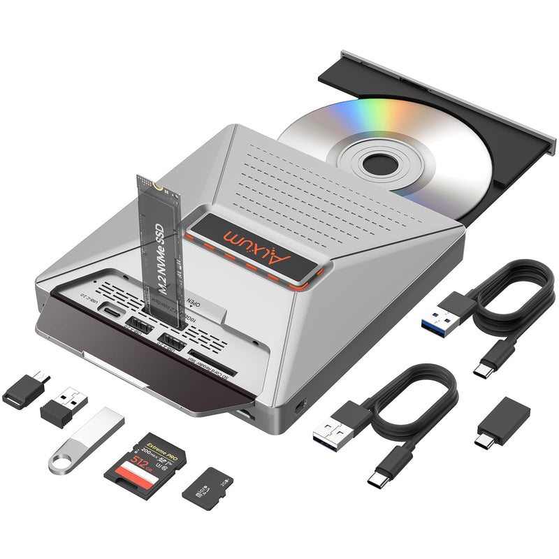 [AUSTRALIA] - Alxum External CD DVD Drive for Laptop, 7 in 1 Portable CD Player DVD Burner with M.2 NVMe/USB 2.0 Interface and SD/Micro SD Card Slot, Ultra-Slim Disk Drive Optical for Windows/Mac OS/Linux/Vista Gray 