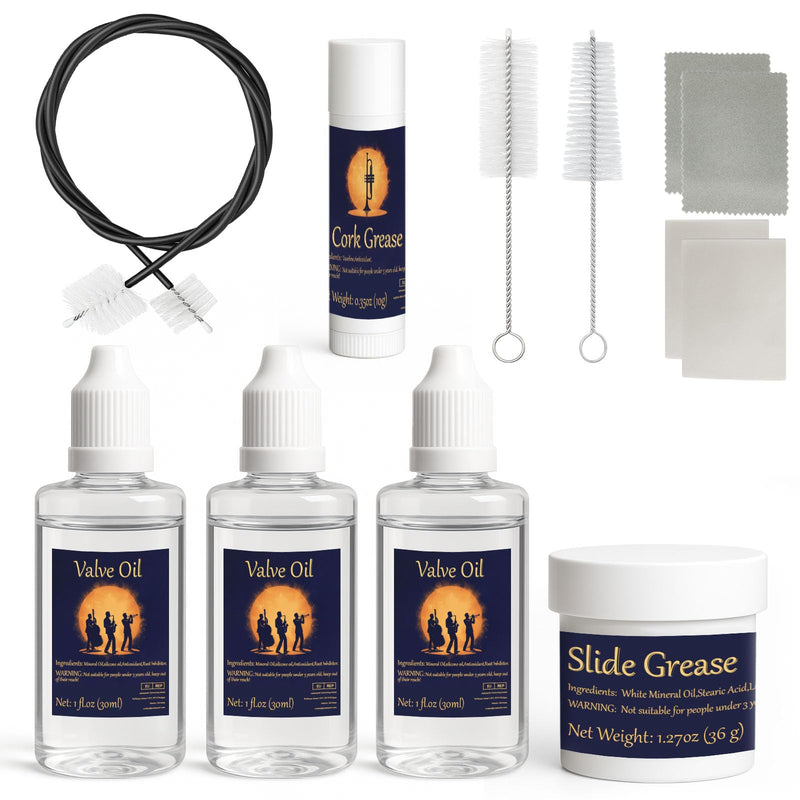 Trumpet Cleaning Kit, Clean and Care Horn, Trumpet Valve Oil Kit with Valve Oil, Slide Grease, Cork Grease, Cleaning Cloth, Mouthpiece/Valve/Bore Brushes, Polishing Cloth