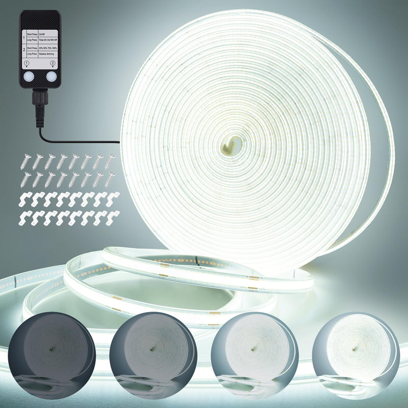 OMIKA 33FT Super Bright 3200LEDs COB LED Strip Lights Outdoor Waterproof, 6000K Cool White Plug in Rope Light Tape Light Flexible with Self-Adhesive Timer Dimmable for House Garden Camping DIY 33FT 3200LED