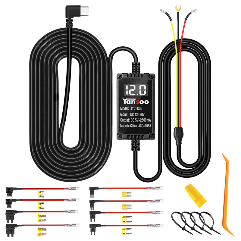 [AUSTRALIA] - Dash Cam Hardwire Kit with Digital Voltage Display & Adjustable Protection, 12V-24V to 5V/3A, 3-Lead USB-C Hardwire Kit w/Low Voltage Cutoff & 24H Parking Mode, Car Truck SUV KS3 