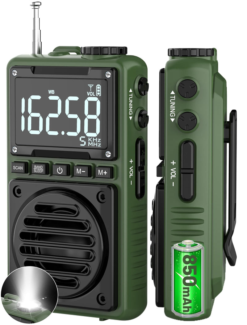 Digital AM FM Weather Band Radio with Flashlight,850mAh Rechargeable Portable Pocket Radio with Best Reception,LCD Screen, Back Clip,Stereo Earphone Jack, SOS Alarm,Sleep Timer for Jogging,Walking Green