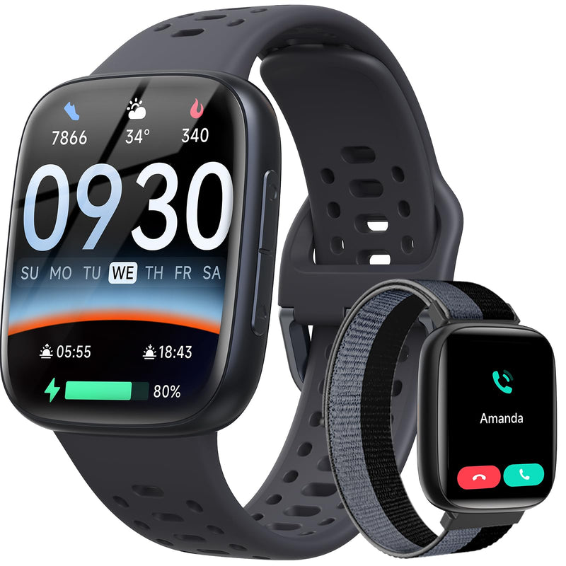 Smart Watches for Men (2 Bands), [1.85" AMOLED Screen] Fitness Tracker | Compatible with Android/iPhone, 3ATM Waterproof, Bluetooth Calls, AI Control, Heart Rate/SpO2/Sleep Monitor, 7 Days Battery Black