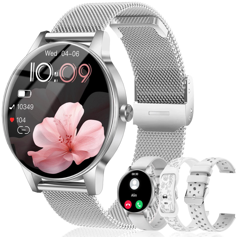 Smart Watches for Women, 1.27'' TFT Fitness Watch With Bluetooth Answer/Make Call,24H Heart Rate/SpO2/Sleep Monitor/Menstrual Cycle/120+ Sports Fitness Tracker for iPhone Android iOS(4 Straps,Silver) Silver