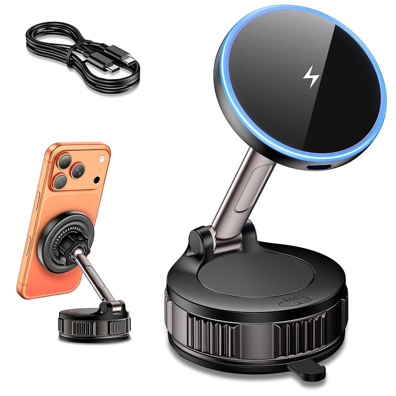 iPhone Magsafe Car Mount Charger 15W Fast Wireless Charging for Your car | [120+ LB Strongest Suction & 2800gf Strongest Magnetic] 360° Adjustable Car Phone Holders,for iPhone 17 16 15 14 13 12 series Black