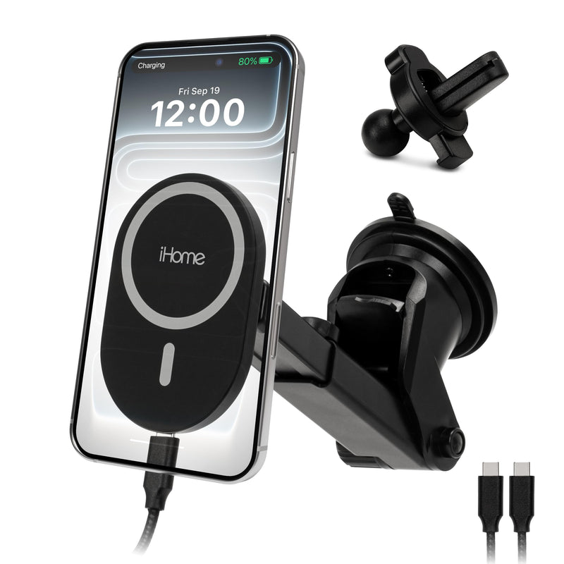 iHome 5-in-1 Complete Car Charging Kit, 15W MagSafe Charger, Dual Port Adapter, Mounts & Cable