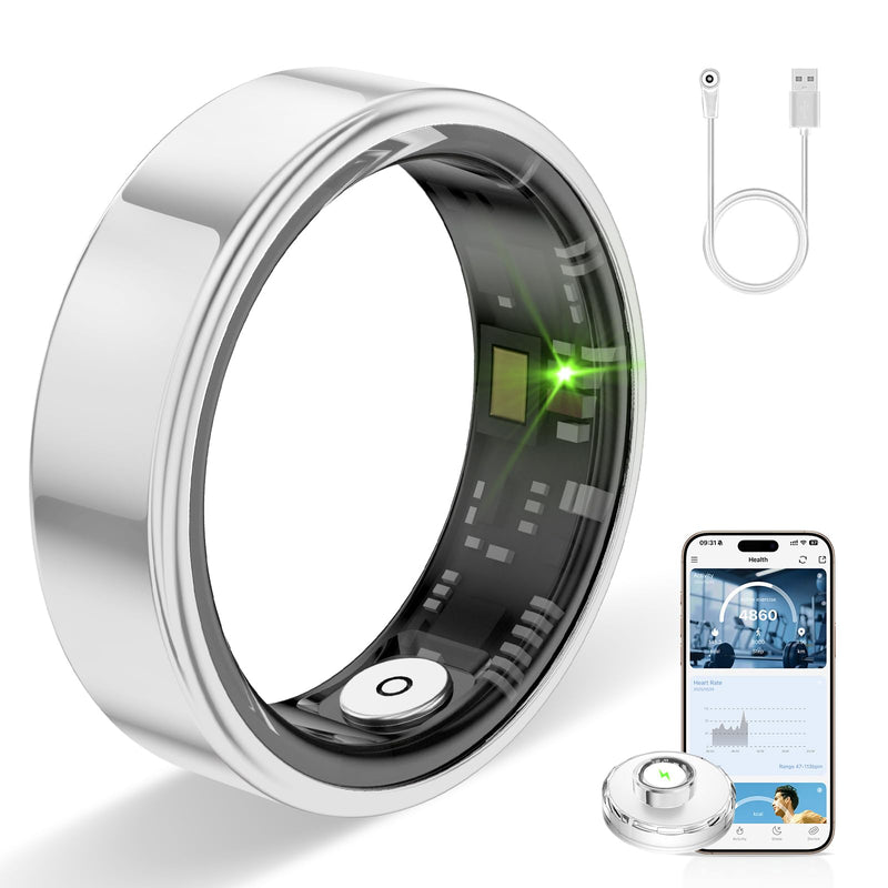 Smart Ring for Women & Men Silver, #10, Waterproof Health Tracker with Heart Rate, Sleep Monitoring, Long Lasting Battery, Fitness Smart Rings for iOS & Android, No Subscription Fee