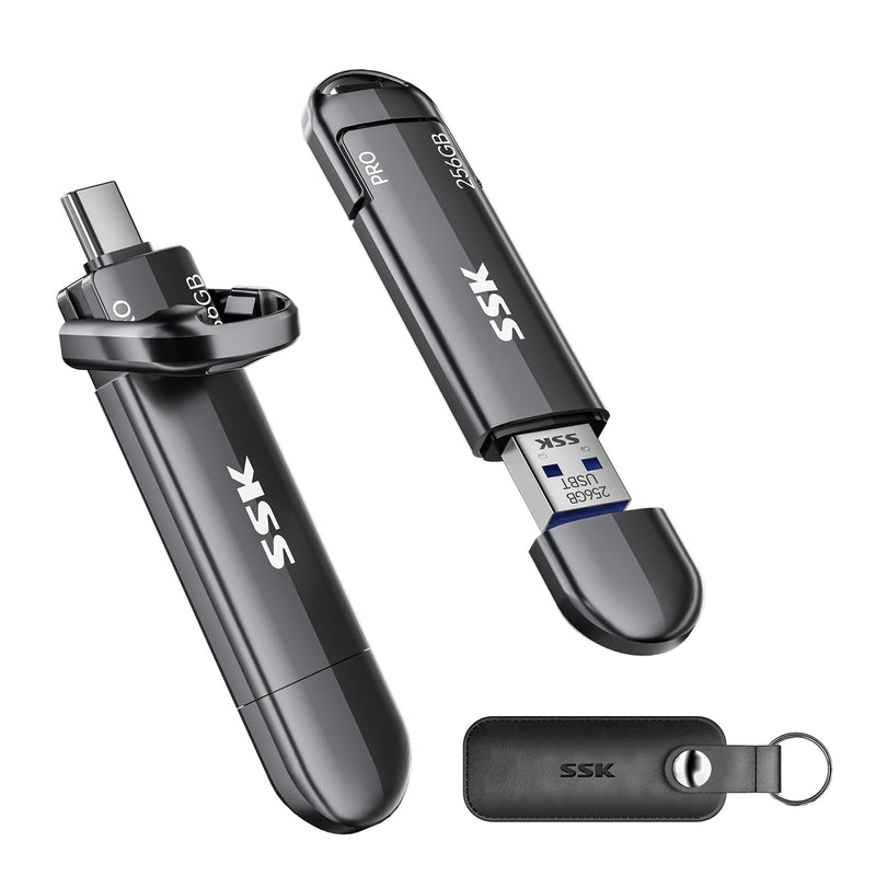 SSK 256GB USB SSD Flash Thumb Drive Memory Stick Dual USBC+A Up to 1000MB/s | TLC NAND Flash USB Drive, Dual Head 10Gbps, SMART & TRIM, 4K60Hz ProRes HDR, OTG, iphone 15/16/17 Pro Compatible, Zinc Alloy 256 GB