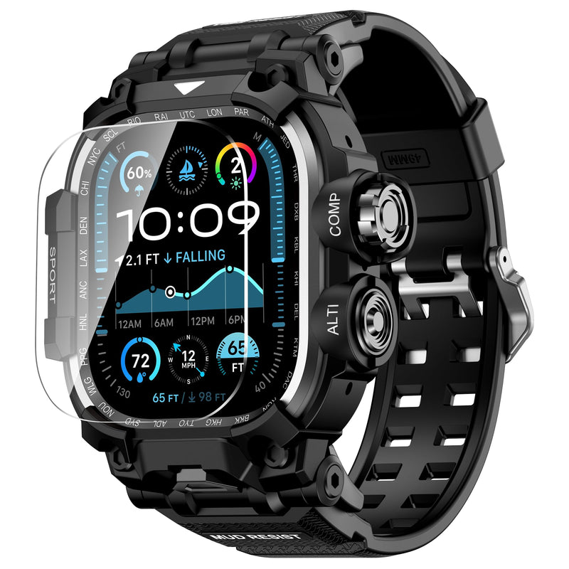 Rugged Case with Tactical TPU Band for Apple Watch Ultra 3/2/1 49mm for Men | Military-Grade Shockproof,Full Body Armor,Drop & Bump & Stain Resistant,Dustproof,Outdoor Sports Design,HD Screen Protector Matte Black