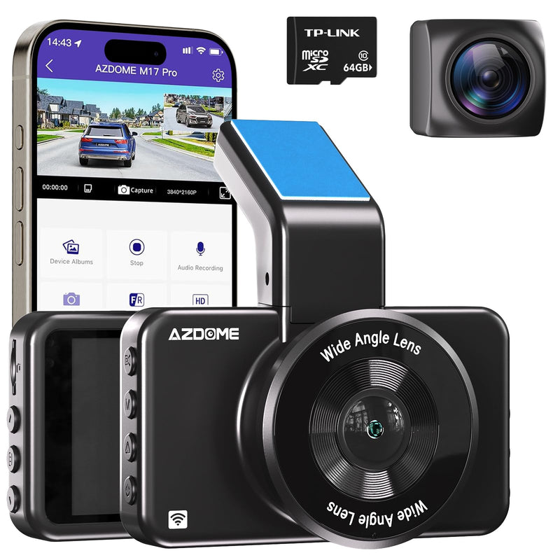 AZDOME 4K Dash Cam Front and Rear 1080P, Free 64GB Card Included, 5.8GHz WiFi Dual Dash Camera for Cars, 3" IPS Screen Dashcam, Car Camera with G-Sensor, 170°Wide Angle,24H Parking Mode Voice Control M17pro