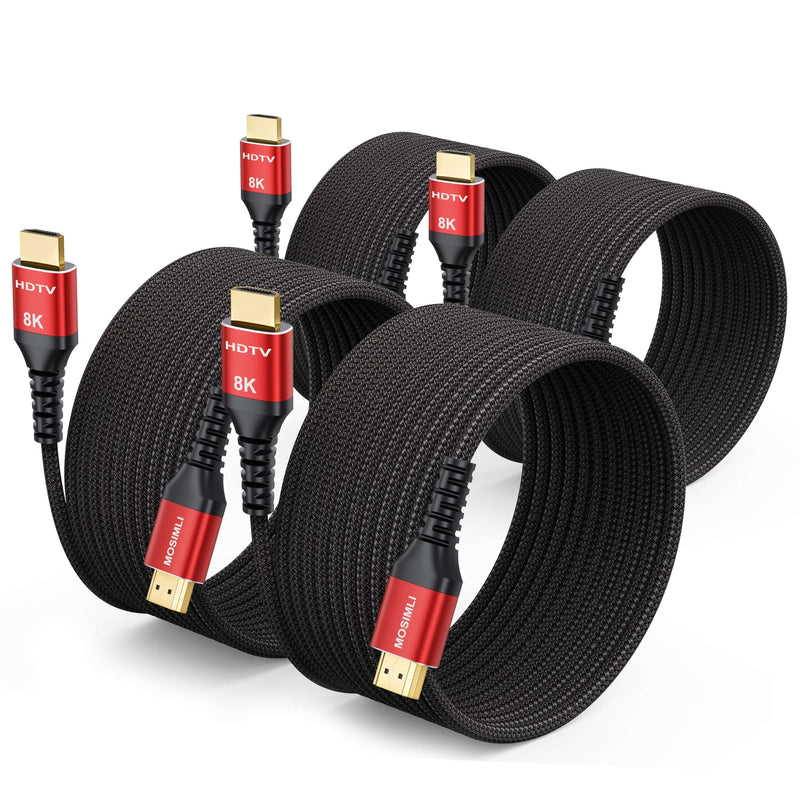 8K HDMI Cable 15 FT 4-Pack, Braided HDMI 2.1 Cable, High Speed 48Gbps | Red easy identification, Support 8K@60Hz, 4K@120Hz, HDR10+, SBTM, VRR, QFT, ALLM, 3D, HDCP 2.3 for PS5, Xbox, TV, PC, Monitor 15FT