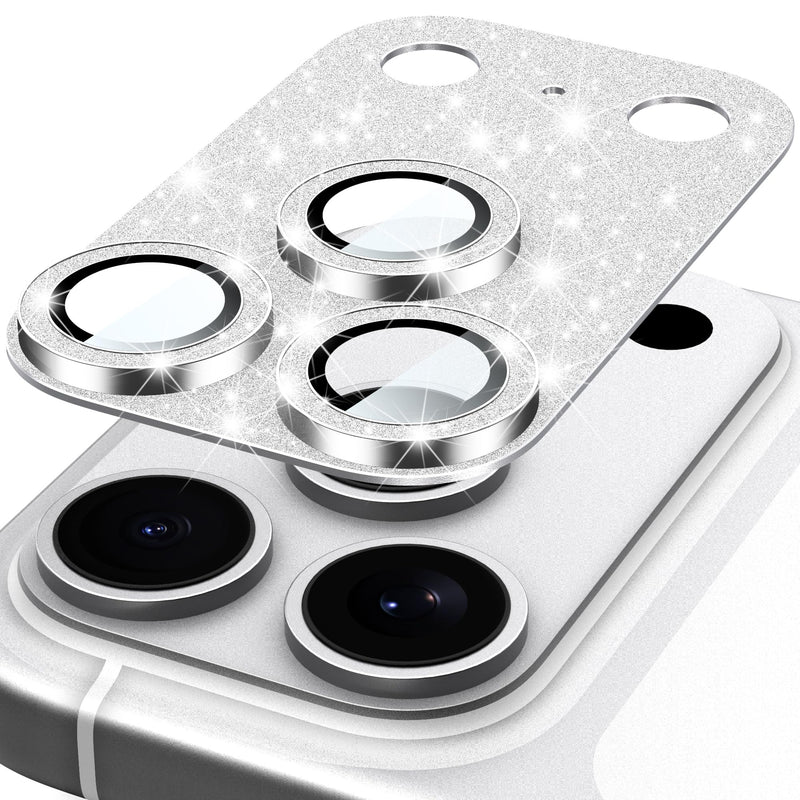 [AUSTRALIA] - Suoman for iPhone 17 Pro Camera Lens Protector, [All-in-one] [Strong-Adhesion] Bling Glitter Independent Metal Frame Tempered Glass Camera Lens Cover -Silver Sliver 