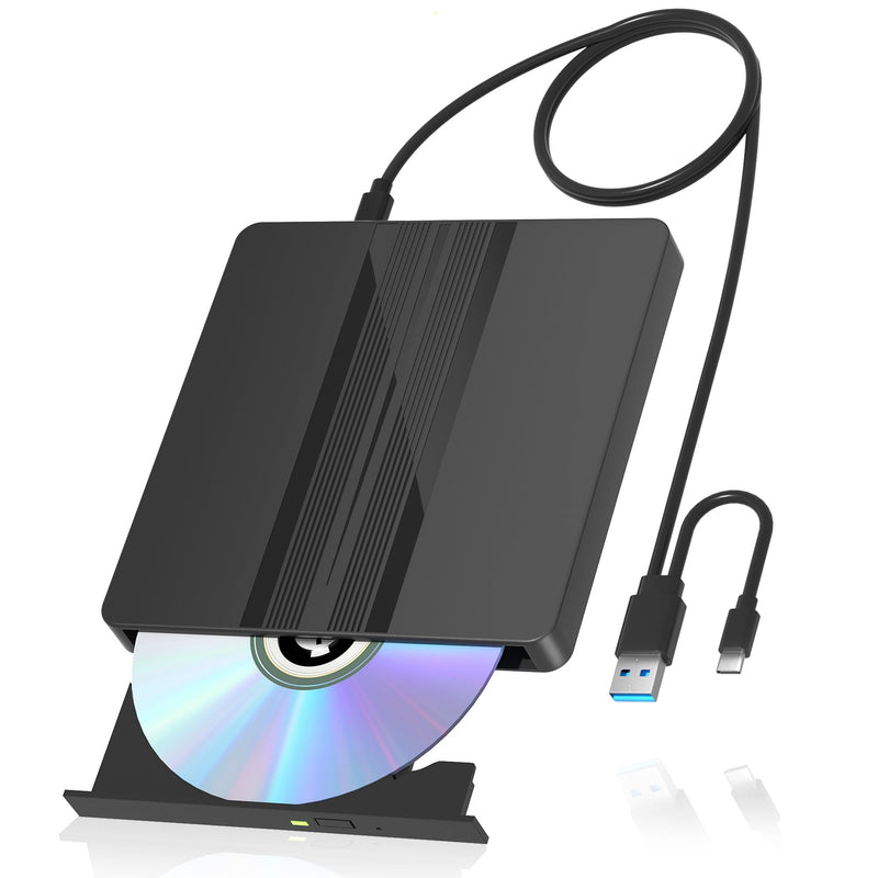 Ultra-Thin External CD DVD Drive with Extra-Long 31.5 Inch Cable | Portable CD/DVD +/-RW Burner USB 3.0 & USB-C Plug & Play Optical Drive for Laptop Desktop PC Windows Mac OS Linux Apple
