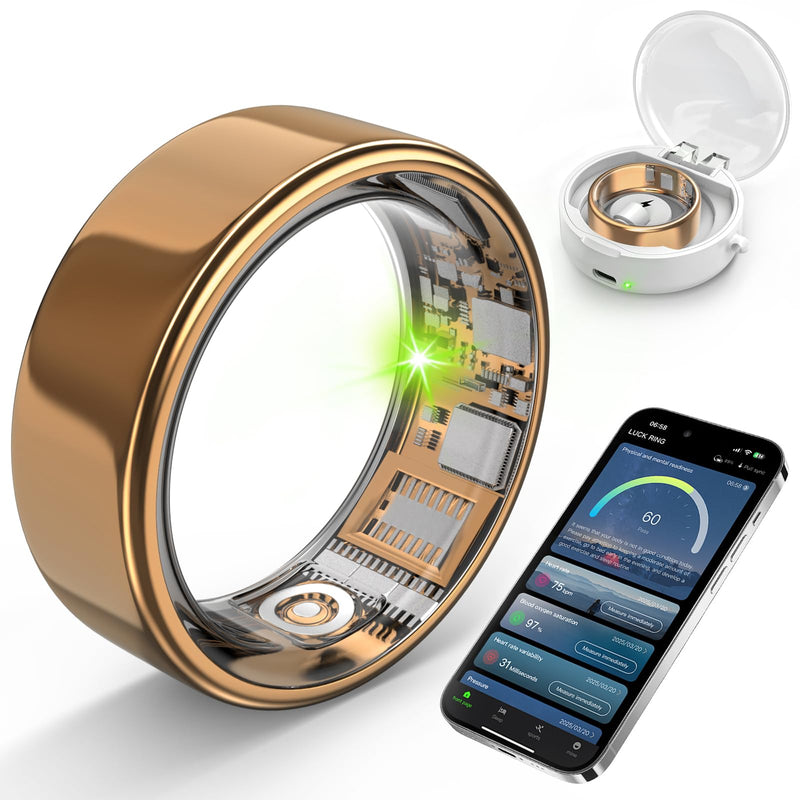 Smart Ring with Sleep Monitoring, Step Counting, Heart Rate, Blood Oxygen for iOS and Android, No Subscription Fee, IP68 Waterproof Health Tracker (Gold, 7)