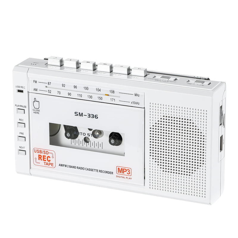 [AUSTRALIA] - Portable Cassette Tape Player to Digital Converter via USB/SD Card, Record to Cassette/U Disk/SD Card via Mic, Power by AC or AA Battery, Portable Cassette Recorder with Speaker and Headphone Jack White 