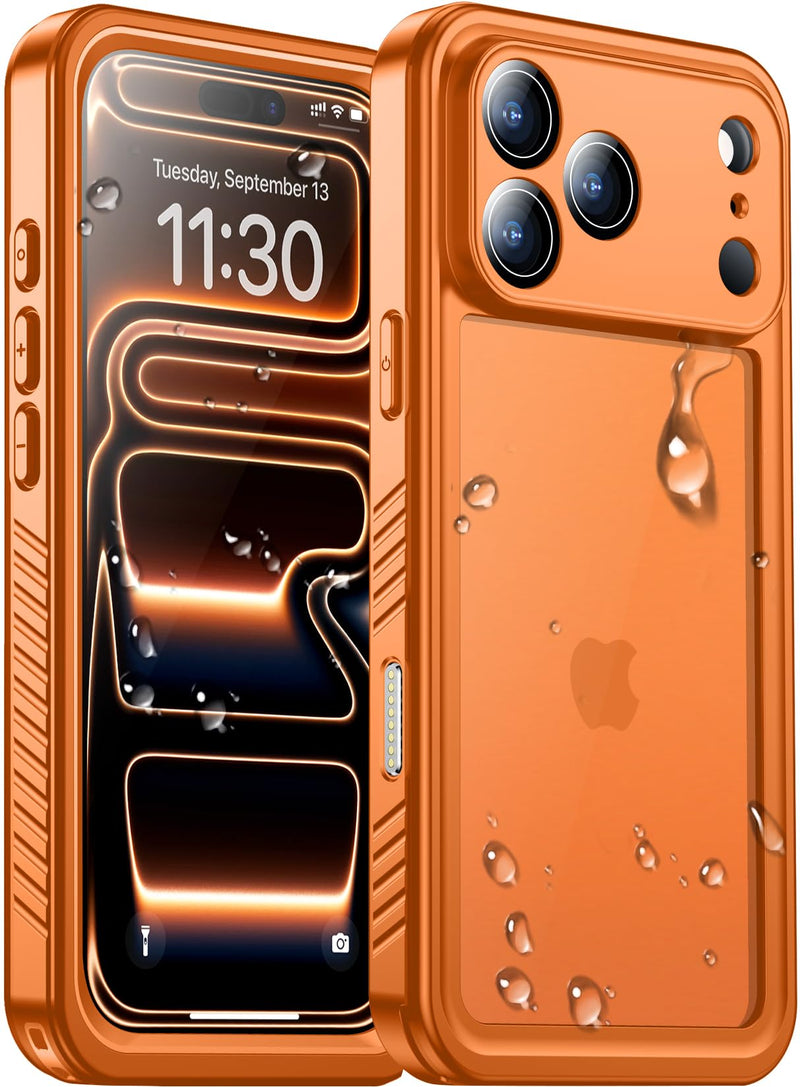 Compatible with iPhone 17 Pro Max Case,Waterproof Built-in Screen & Camera Protector IP68 Underwater Full Body 17FT Military Dropproof Shockproof Phone Case 6.9"-Orange/Clear Orange for iPhone 17 Pro Max 6.9"