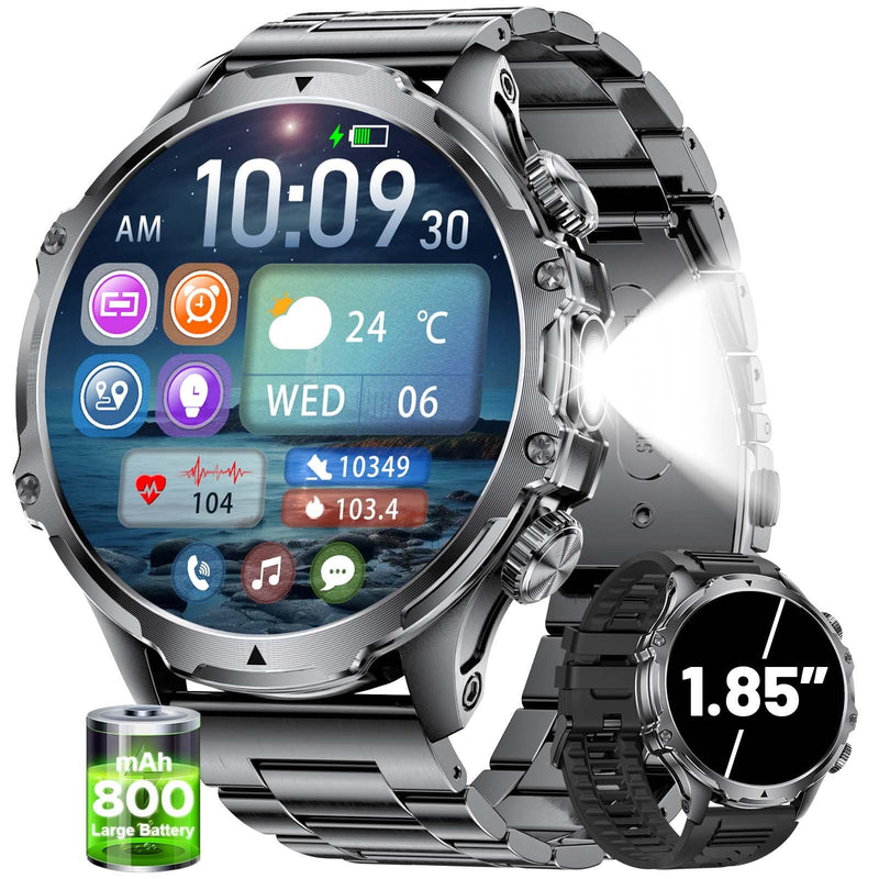 Militrary Smart Watch for Men,1.85" HD/800mAh Battery Smart watches for Android/iOS (Bluetooth Call Answer/Calls)Fitness Tracker,100+ Sports/LED Flashlight/IP68 Waterproof/Sleep Tracker Smartwatch Black