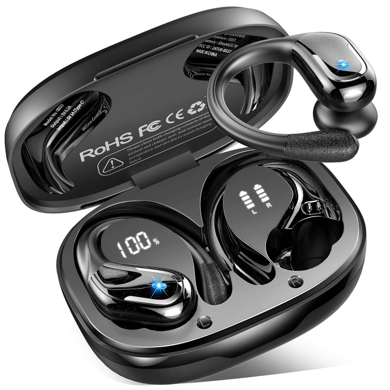 Wireless Earbuds, Sport Bluetooth 5.4 Headphones 2026 New Bluetooth Earbuds with 75Hrs Stereo, 4 ENC Mic, Noise Canceling Over-Ear Buds with Earhooks, IP7 Waterproof Earphones for Workout/Running/Gym A-Black