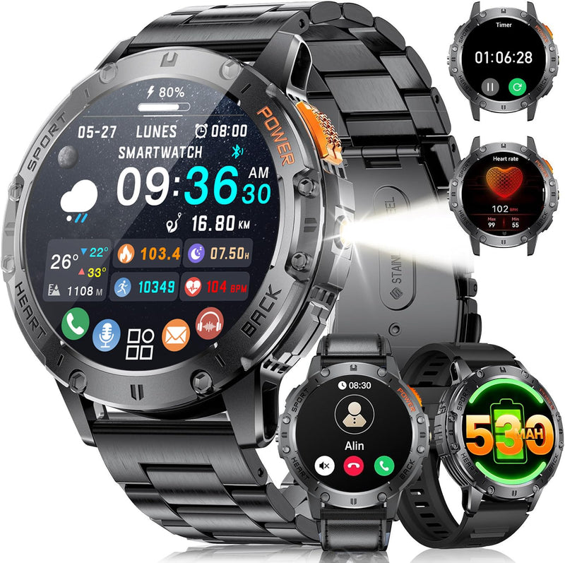 LIGE Military Smart Watch for Men with LED Flashlight, Bluetooth Call, 1.43" AMOLED Screen, 5ATM Waterproof Fitness Tracker, 530mAh Large Battery, 170+ Sport Modes, Compatible iOS Android, 3 Straps Black