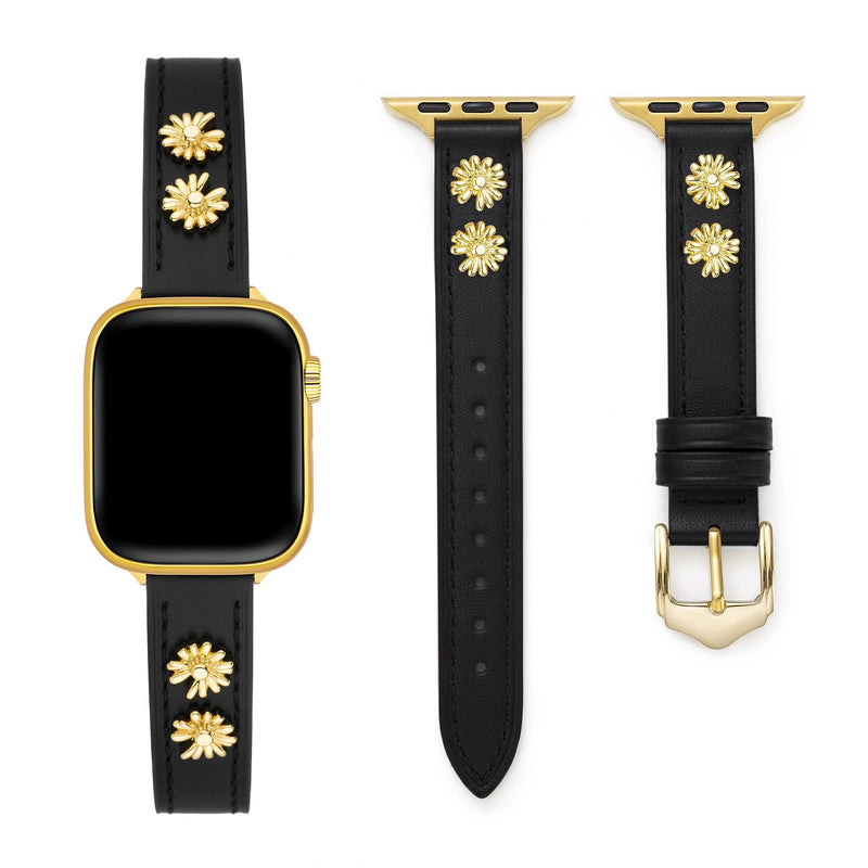 Daisy Genuine Leather Watch Band for Women Compatible with Apple Watch 38/40/41/42/44/45/46/49mm, for iWatch 11/10/9/8/7/6/5/4/3/2/1 Ultra SE, Copper Flower Strap Black & Gold 42(Series 10-11)/38/40/41mm