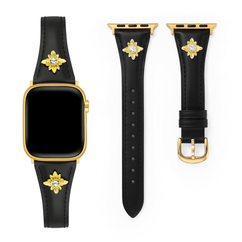 Flower Genuine Leather Watch Band for Women Compatible with Apple Watch 38/40/41/42/44/45/46/49mm, for iWatch 11/10/9/8/7/6/5/4/3/2/1 Ultra SE, Platinum/14ct Gold Plated Black & Gold 42(Series 3 2 1)/44/45/46/49mm