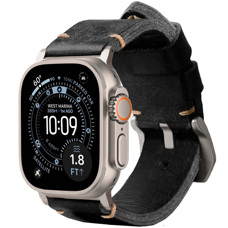 ROBUST Genuine Leather Watch Band for Men - Compatible with Apple Watch Bands 49mm - Replacement Strap for iWatch Ultra 2/1 SE, SE 2 Series 10 9 8 7 6 5 4 Black Leather