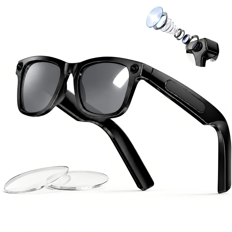 AI Smart Glasses with Camera, 8MP HD Video & Photo Capture for Travel | Video Recording Sunglasses, Open-Ear Audio, RealTime Translation, Interchangeable Blue Light & UV Protection Lenses