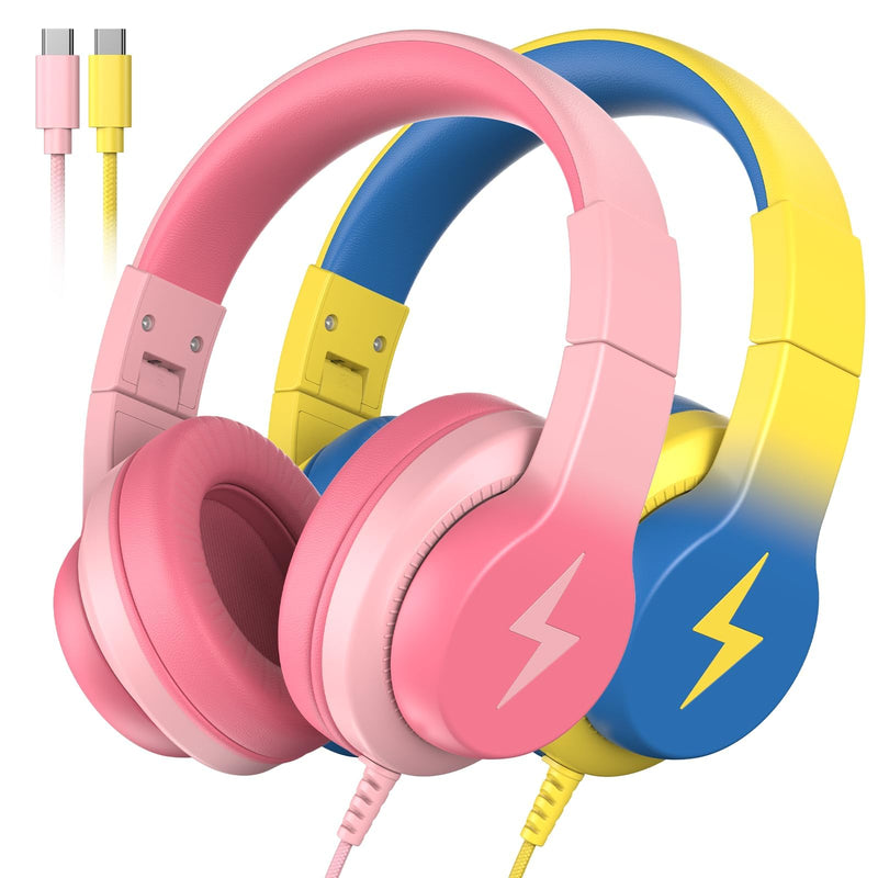 Candy Bila 2 Pack USB C Kids Headphones for School,Wired Over-Ear | 85dB Volume Limited, HD Stereo Sound, Adjustable Fit, Foldable Design for Travel, iPad, Tablets, Light Pink+Yellow