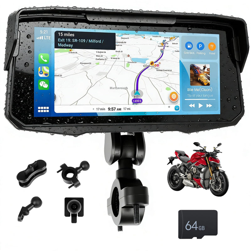 Wireless CarPlay & Android Auto for Motorcycle, 6.86″ IP68 Waterproof Touch Screen, GPS Navigation, Bluetooth, Supports AirPlay & Tire Pressure Monitoring with 64G SD Card P1-6.86 inch