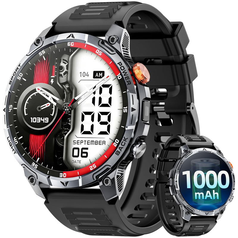 Military Smart Watches for Men,1.75″ Smartwatch with 100-Day Ultra-Long Battery/Flashlight,Fitness Watch for Heart Rate/Sleep/Calling/110+ Sports Mode Smart Watch for Android iOS 1000 mAh Black