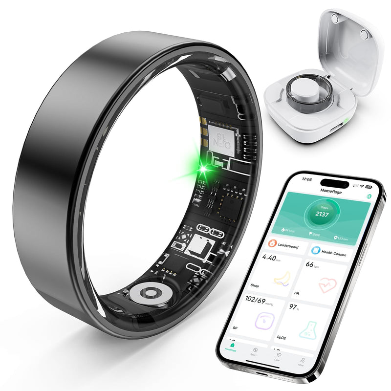 Smart Ring with Sleep Monitoring, Step Counting, Heart Rate, Blood Oxygen for iOS and Android, No Subscription Fee, IP68 Waterproof Health Tracker (Black, 7)